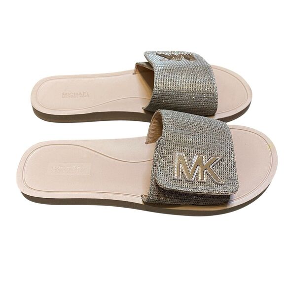 Michael Kors Slide Sandals Women 10M Silver Logo MK Glam Beach Resort Casual - Picture 1 of 6
